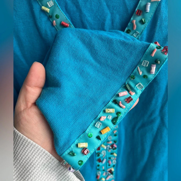 Storybook Knits Plus Size Pebble Beach Colorful Beaded Knit Blue Cardigan in 2X - Picture 3 of 8